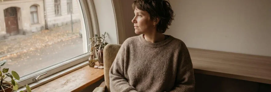 Personne assise près d'une fenêtre, regard pensif sur l'extérieur, lumière naturelle douce évoquant l'introspection