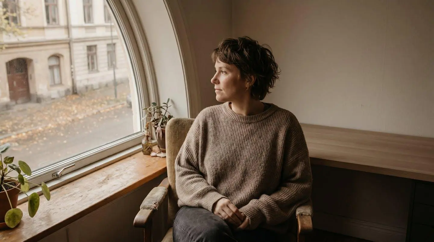 Personne assise près d'une fenêtre, regard pensif sur l'extérieur, lumière naturelle douce évoquant l'introspection